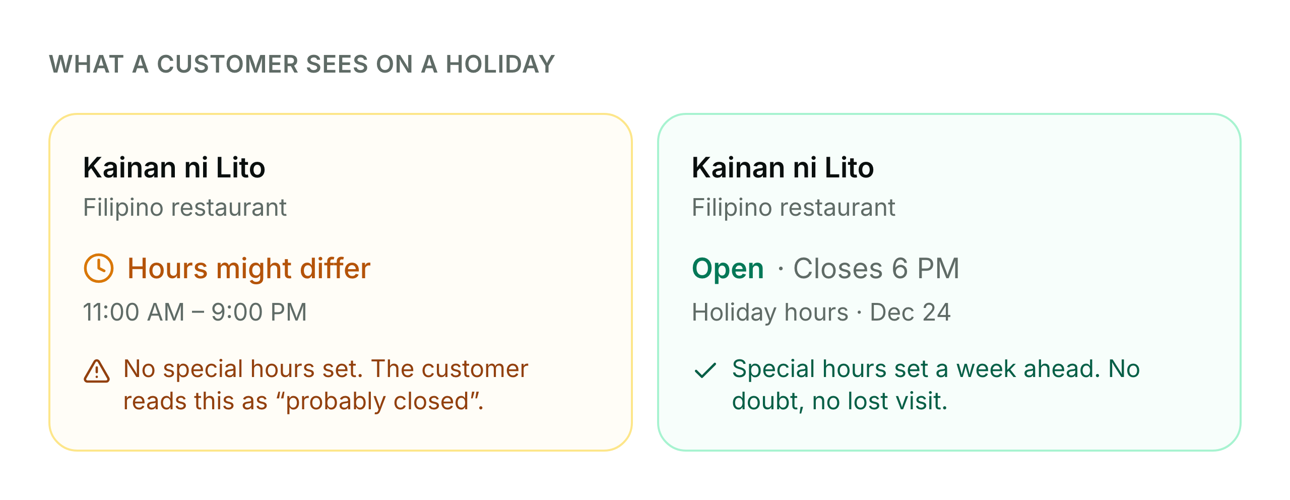 Two Google listings on a holiday: one showing Hours might differ, one showing Open